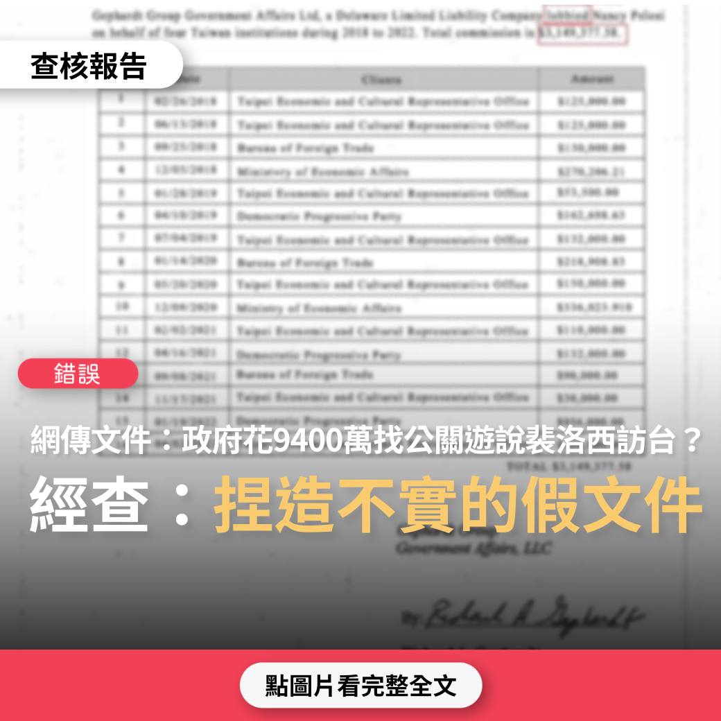 【錯誤】網傳「在美國司法部網站看到一份文件，看到一家政治公關公司幫助我國聯繫遊說裴洛西多達16次，共花9400萬元」？